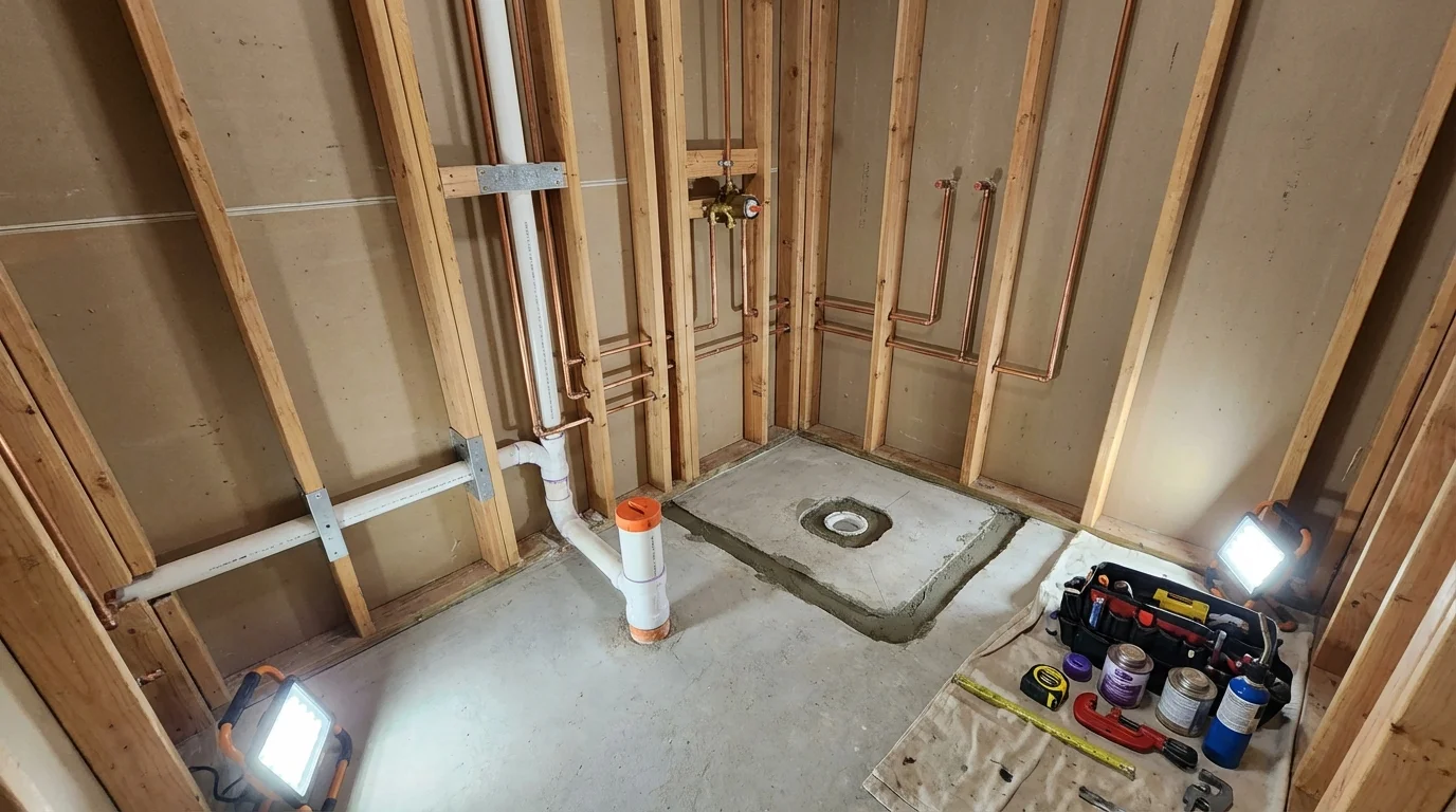 Bathroom rough-in plumbing during remodel by Johns Plumbing LLC in Neligh