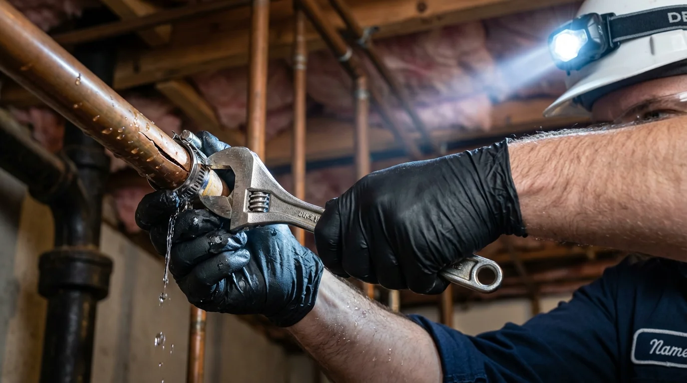 Emergency pipe clamp repair being performed by a Johns Plumbing LLC plumber in Neligh