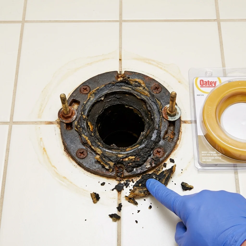 Failed wax ring showing water seepage at the base of a toilet in a Neligh, NE home