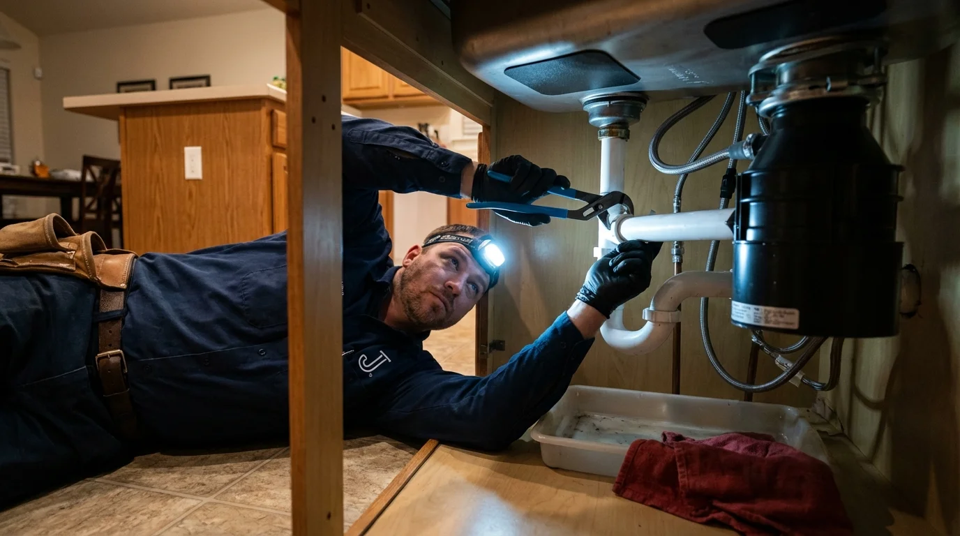 P-trap and supply line connections under a kitchen sink showing a common leak point in Neligh, NE